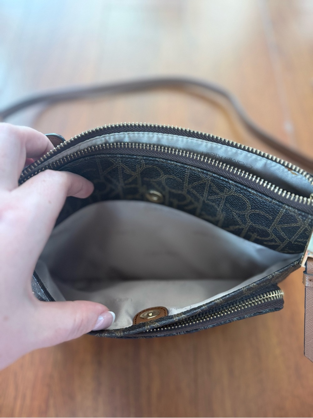 Calvin Klein Dark Brown Monogram Crossbody Bag with Gold Hardware - Picture 5 of 6